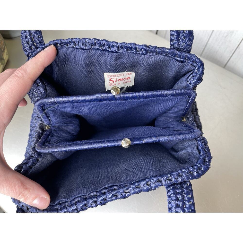 Vintage 70’s Shoulder Bag Navy Straw Top Handle Handbag Kisslock Interior - Picture 3 of 7